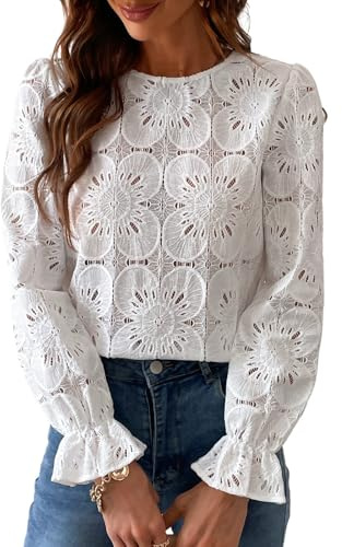 CUPSHE Long Sleeve Blouse for Women Trendy Hollow Out Crochet Fall Lace Blouses for Women Vacation Resort Wear 2026 White L