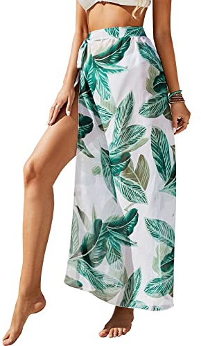 Pareo Playa para Mujer Vestido Largo, Vestido Falda de Playa de Verano, Pareo de Playa para Mujer, Bikini Cubierta Sarong, Chal de Gasa Vestido Envolvente para Playa Piscina Vacaciones (Hoja)