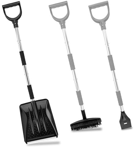 LESOLEIL Schaufelset für Schnee, 3-in-1 Tragbares Leichter Schneeschaufel mit Schaufelblatt, Eiskratzer und Besen, Stab aus Edelstahl für Auto Camping Outdoor Survival(Schwarz)