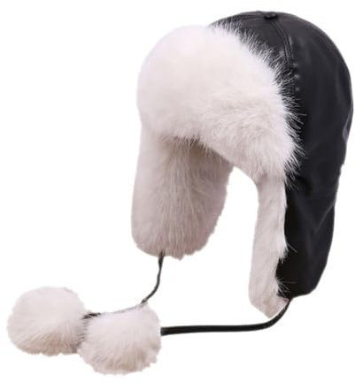 Wisafory Pilotmössa för kvinnor, läder, pälsmössa, vindtät, varm, vintermössa, trappermössa med pompoms, snörning, skidmössa, bombermössa, fuskpäls, pilotmössa för utomhusaktiviteter, svart, 56-58