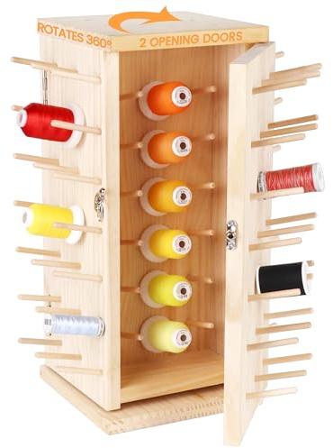 New brothread 129 bobinas (bricolaje) 360° totalmente giratorio de madera para hilos/organizador de hilos con puertas dobles (espacio interior ≤ 500 m bobinas de hilo) para coser, acolchar, bordar