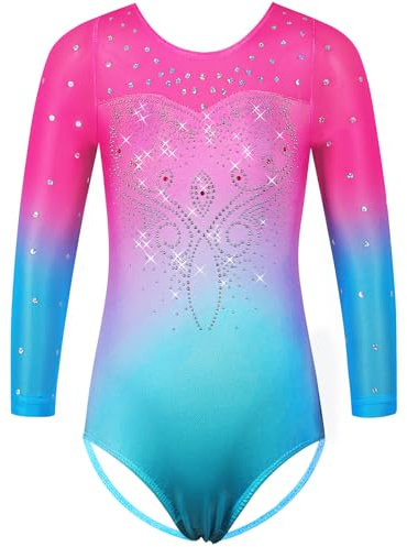 HUAANIUE Body da bambina 3-14 anni, classico senza maniche e maniche a 3/4, strass simmetrici, sfumati, elasticizzato e traspirante, ideale per ginnastica, danza, balletto, 11-12 Anni