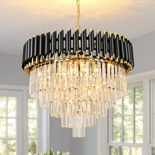 AOOCHOK Lampadario a sospensione in cristallo nero e oro, lampadario moderno rotondo in cristallo per sala da pranzo, soggiorno, camera da letto, ristorante, E14 x 8, Φ60cm