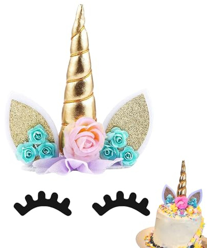 Ginddy Adornos para Tarta de Unicornio Dorado | Cuerno y Orejas con Purpurina Reutilizables+Cilios | Decoración para Fiestas de Cumpleaños de Niñas, Bodas y Tartas con Temática Arcoíris