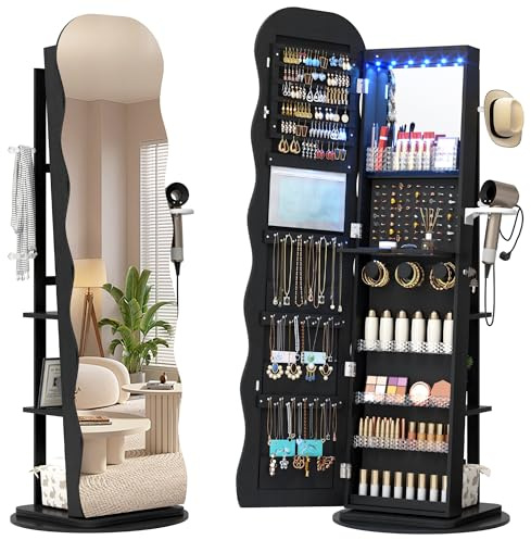 LVSOMT LED Schmuckschrank mit Gewellt Spiegel, 360° Drehbarer Schmuckschrank Abschließbar, Bogen Spiegelschrank Stehend Wohnzimmer Schlafzimmer, 3 Regal & 3 Häkchen, Geschenke für Damen, Schwarz