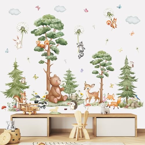 wondever Adesivi Murali Animali Foresta Albero Grande Sticker da Muro Animali del Bosco Orso Cervo Dente di Leone Adesivi da Parete per Camerette Bambini Asilo Nido