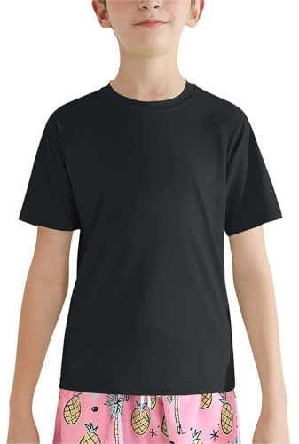 Boys Girls Rash Guard Swim Shirts Kids Teens Athletic Short Sleeve T Shirt Fishing Surfing Water Beach Tops Running Workout Gym Active Tee Shirt Black