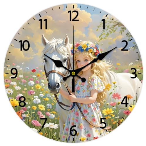 CHGCRAFT 12 Inch Girl Leading Horse Flowers Pattern Round Wall Clock Battery Operated Silent Non Ticking Printed Decorative Clock, for Bedroom Living Room Kitchen Office Home Decor