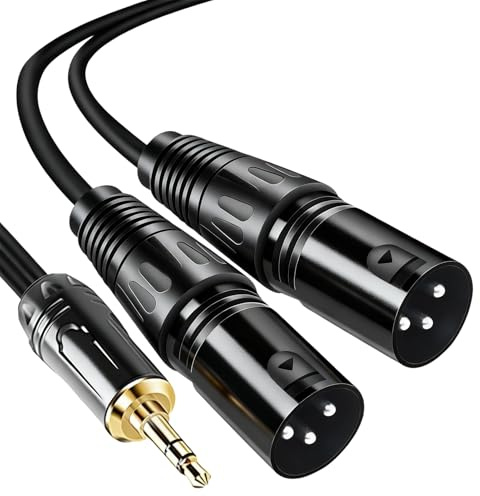 Cable Divisor de Audio 3,5mm a 2 XLR Macho, 1M Cable Estéreo Adaptador Minijack TRS a Doble XLR para Microfono, Móvil, Ordenador, Cámara, Altavoz y Mesa de Mezclas, Conectores Chapados en Oro (Negro)