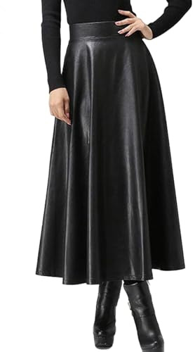 Générique Jupe Longue plissée en Similicuir pour Femme Jupe Maxi Fluide évasée en Cuir Taille Haute pour Femme