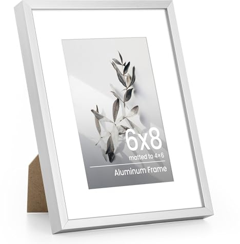 Feihorrm 6x8 Photo Frame With Mount, Aluminum Picture Frame With 4x6 Mat | 6x8 inch Poster Frame with Tempered Real Glass, Tabletop & Wall Mounting Display Prints Frame for Home & Wall Decor, Silver