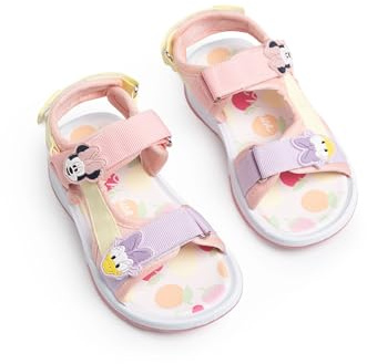 Disney Minnie Mouse & Daisy Girls Pink Sandals | Multicoloured Hook & Loop Straps with Character Appliques | Polka Dot Footbed & Padded Ankle Collar Merch