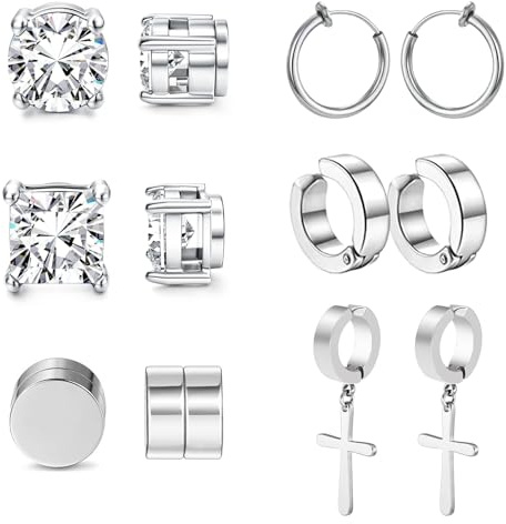 APMGONT 6 Paires Boucles d'Oreilles Magnétique Homme Boucle d'Oreille Aimantée Homme en Acier Inoxydable Argent Noir Boucles d'oreille Clip Unisexe