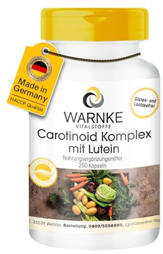 Carotinoid Komplex - 250 Kapseln - mit Lutein, Heidelbeerpulver, Beta-Carotin, Lycopin und Zeaxanthin uvm. | Warnke Vitalstoffe - Deutsche Apothekenqualität