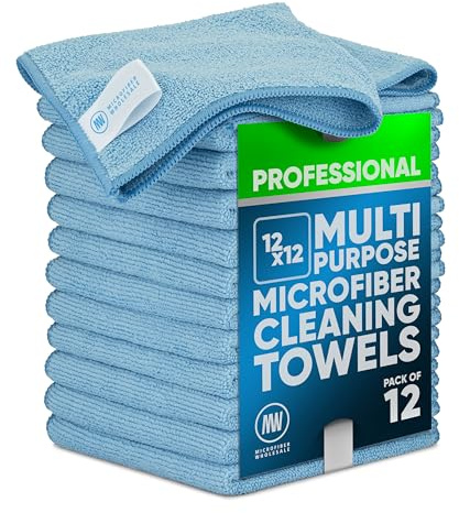 MW PRO Microfiber Cleaning Cloths Blue (12 Pack, 12x12) - Commercial Janitorial Towels & Lint Free Rags - Heavy Duty for Auto Detailing, Glass Windows, Housekeeping & Screens - Washable 300+ Times