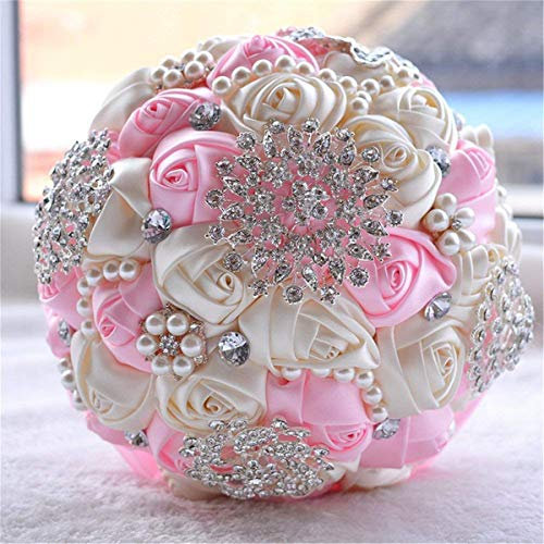 Fouriding Handgemachte Brosche Brautstrauß Braut Satin Rosen Blumen Strass Perlen Blumensträusse Hochzeit Strauß Künstliche Blumenstrauß künstlicher Rosenstrauß Dekoration (Rosa Cremig)