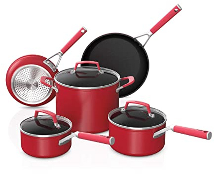 Ninja C28000 Foodi NeverStick Vivid 8-Piece Cookware Set with Lids, Nonstick, Durable & Oven Safe to 400°F, Cool-Touch Handles, Crimson Red