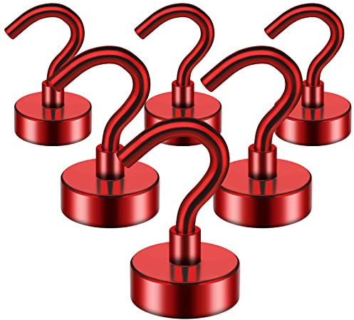 6 Pack Magnetic Hooks, 10 kg+ (22 lb+) Strong Neodymium Magnets for Hanging, Cruise, Ceiling, Bathroom, Kitchen, Towel, Garage (Red)