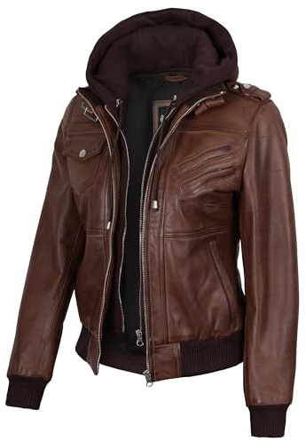 fjackets Blouson bomber en cuir pour femme - Veste en cuir d'agneau véritable pour femme avec capuche amovible - Veste à capuche pour femme