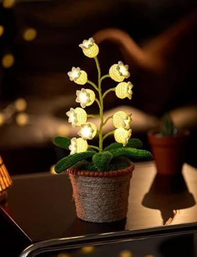 Maiglöckchen-Lampe 10 gehäkelte künstliche Blumen mit Nachtlichtern Künstliche Maiglöckchen inklusive Töpfe–als Geschenk Geburtstag Ideen für den Valentinstag Schreibtisch-Heimdekoration(warme)