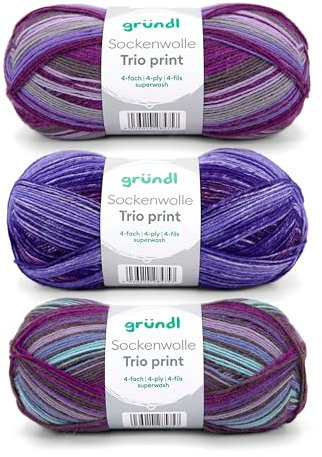 Gründl Wolle Sockenwolle Trio - Strickgarn für 3 Paar Socken - Strapazierfähig und hautfreundlich - 75% Schurwolle, 25% Polyamid - 3 Knäuel 100 g / 420 m - Nadelstärke 2,5-3 - violett-lila