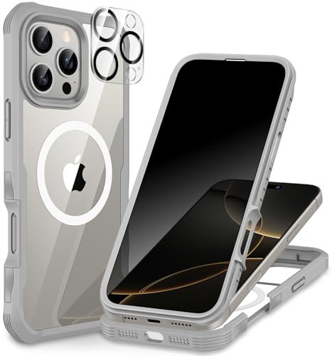 CENHUFO Magnética Antiespia Funda iPhone 16 Pro MAX, Compatible con MagSafe Integrado Privacidad Cristal Templado Pantalla y Protector cámara, 360 Grado Antigolpe Carcasa Capa Doble Cara Case -Gris
