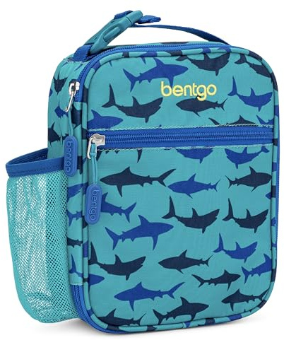 Bentgo® Kids Insulated Lunch Tote - Water-Resistant, Reusable, Lightweight & Durable Lunch Bag with Water Bottle Holder & Mesh Pocket, Fits Lunch Box & Water Bottle - Ideal for Ages 3+ (Sharks)