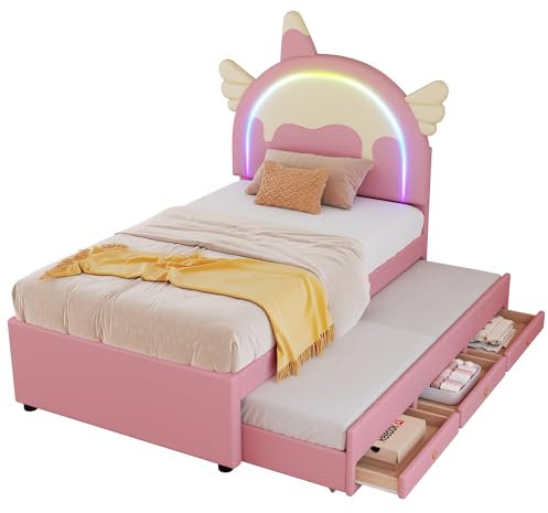 Azkoeesy Polsterbett 90 x 200 cm, Mädchen Bett mit LED-Beleuchtung, Ausziehbett, 3 Schubladen, Kopfteil in Einhornform, Kinderbett, Funktionsbett, PU-Bezug, Rosa