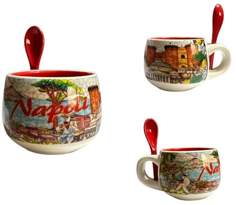 GMM Tazzina Napoli da Caffè in Ceramica con Cucchiaino, Decorativa, Souvenir Stampa Napoli, Capacità 70ml (5 centimetri)