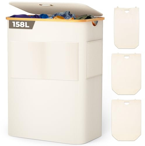 OUSFOT Cesto per la Biancheria 158L con 3 Scomparti per Vestiti Sporchi con Coperchio e Manico in bambù Sacco di Stoffa Pieghevole con Caricamento Frontale Cesto per la Biancheria Beige