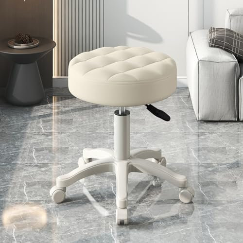 tinysiry Rollhocker mit Rollen, höhenverstellbar, drehbar, für Arbeit, Spa, Shop, Salon, Kunstleder, weiches Kissen, rund, Rollhocker, Bürohocker, Bar, Café, Zuhause, Beige