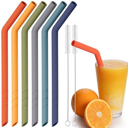 NiHome 6 Stück Silikon Strohhalme Wiederverwendbar, Extra Breite Trinkhalme für Boba, Smoothies & Bubble Tea – Zuschneidbare Länge, BPA-frei, mit 2 Reinigungsbürsten（Dunkelregenbogen）