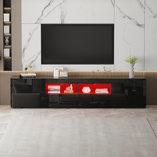 LSLIFE 200zm TV-Schrank mit Stauraum Weiß/Schwarz Hochglanz TV-Möbel mit LED-Leuchten Modernes Entertainment-Möbel für Wohnzimmer Schlafzimmer für bis zu 75-Zoll-Fernseher (schwarz)