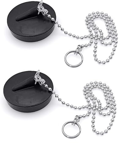 JZK Lot de 2 Bouchons de lavabo de Salle de Bain de 41 mm de Rechange, Bouchon de vidange pour Salle de Bain, Cuisine, Bouchon de Baignoire en Caoutchouc avec chaîne de 40 cm pour Baignoire, Noir