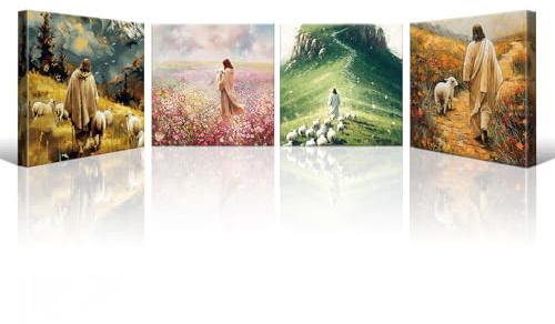 Artscope 4 Pieces Wall Art Canvas Prints - Jesus and Lamb Seasons Picture Painting - God Religious Belief Wall Artwork for Church Bedroom Living Room Home Decor - 30 x 30 CM