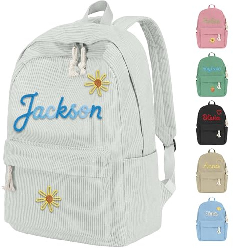 Sac à dos personnalisé pour filles et garçons, sac à dos en velours côtelé avec nom et icône mignonne pour enfants, gris, Sacs à dos traditionnels