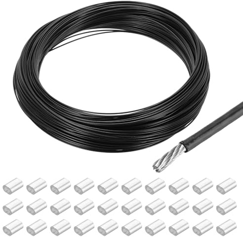 Kvartsman vajer rostfritt stål 50 m x 1 mm stålrep PVC täckt med 30 aluminiumhylsor säkringstråd hängare för bilder gardin räcke utomhus trädgårdsmöbler solsegel, svart