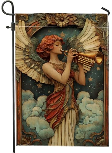 Bandiera da giardino con tromba d'angelo, striscione decorativo vintage per la casa, in iuta su entrambi i lati, decorazione autunnale per esterni, arte celeste per esposizione stagionale, 30,5 x 45,7