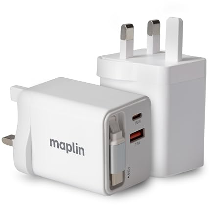 Maplin 2 Port USB Wall Charger 1x USB-C & 1x USB-A 65W GaN PD QC 3.0 Fast Charger with Built-in USB-C Retractable Cable, for iPhone, Samsung Galaxy, Xiaomi, Huawei, Tablets, Laptops & More