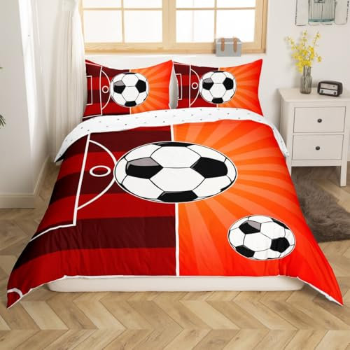Homemissing Juego de ropa de cama con temática deportiva tamaño cuna, regalo para los amantes del fútbol, funda de edredón con diseño de balón de fútbol, color marrón y naranja, sin edredón