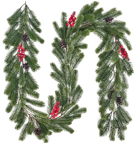 YMIFEEY Ghirlanda di abete, 190 cm, colore verde abete stampato, con coni e frutti di bosco rossi, ghirlanda artificiale di Natale verde (verde)