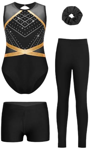 Sinleey Enfant Fille Ensemble Justaucorps Gymnastique Legging Short Chouchou Tenue Patinage Danse Costume