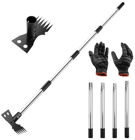 Homvvi Extractor de malas hierbas 2 en 1 y azada de jardín, 150 cm con mango, eficiente removedor de malas hierbas – Dientes de león con mango ajustable, no se doblan herramientas de jardín