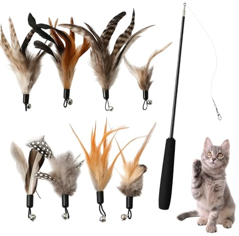YcsRnn Cat Feather Wand, 9-Piece Cat Teaser Toys with Bells, Interactive cat Bell Toys, Feather Cats Toys for Indoor Play, 9-16 cm