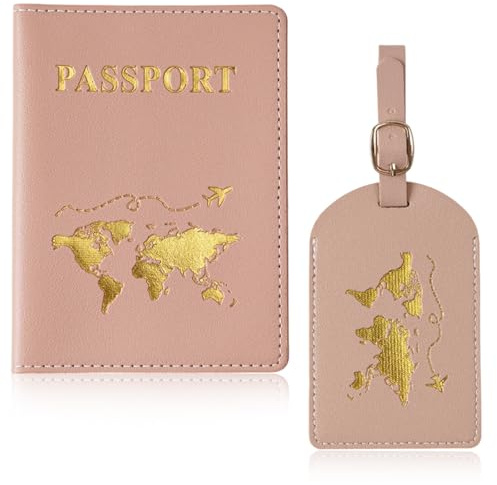 JYNVO Juego de 1 Porta pasaportes y 1 Etiquetas para Equipaje, Funda para Pasaporte de Viaje, Protector con Bloqueador RFID, Tarjetas de embarque, Tarjetas de crédito para Hombre y Mujer (Rosa)