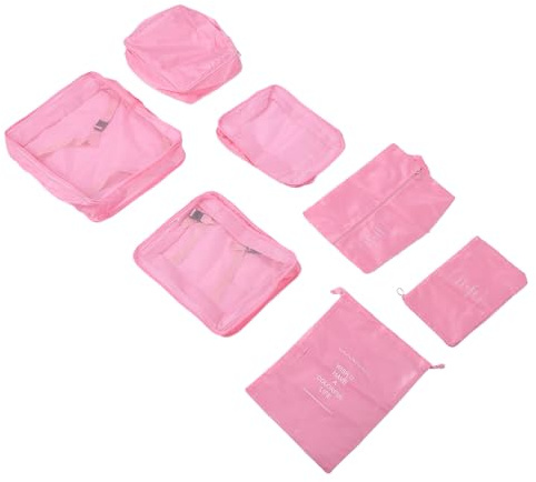 OVAQUIXI Packningskuber för Researrangörer 8-delat Set Polyester Bagagepaketeringsorganisatorer med Andningsbart Mesh Lätt Skoväska och Tvättväska för Resväska Ryggsäck Affärsresor (Rosa)