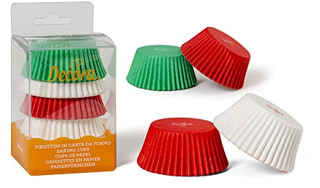 DECORA, 0339747 Pirottini Bianco Rosso Verde, Comodissimi Pirottini per Cuocere, Presentare e Regalare Muffin, Resistono fino a 220°, In comodo Blister