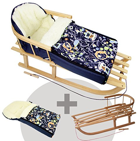 BAMBINIWELT KOMBI-erbjudande träsläde med ryggstöd och dragrep universell vinterväska (108 cm), även lämplig för babystol, barnvagn, vagn, av ull i uggledesign (motiv $8)