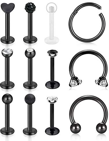 Incaton 16 Gauge Piercing Labret Cartilage Oreille Lèvre Acier Chirurgical Piercing Septum Sourcil Tragus Helix Bijoux 12 Pièces Noir