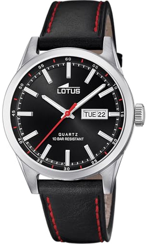 LOTUS Reloj Hombre Analógico de Acero Inoxidable y Cuero Negro